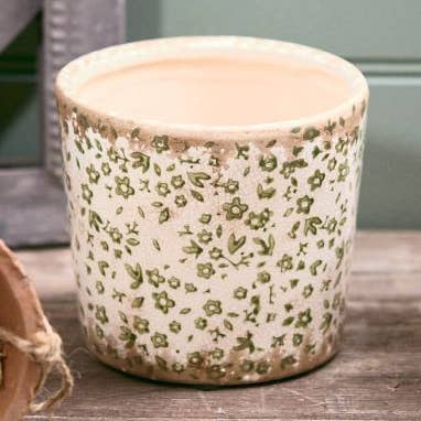 Soft Green Ditsy Floral Plant Pot Small Distressed Stoneware for wholesale by Langs