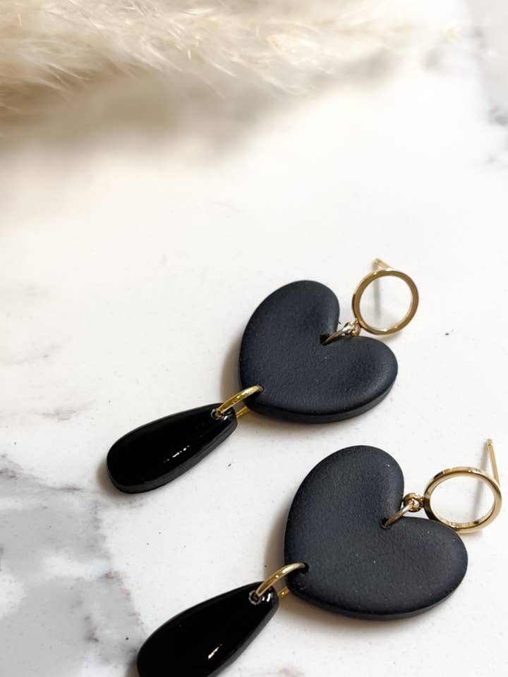 Clay Earring | Black Matte + Gloss Heart Teardrop for wholesale by Kush Life Designs