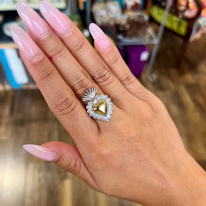 Love and Honor Jesus LLC - Wholesale Band/Stacked Ring - Adjustable Two Tone CZ Sacred Heart Ring2