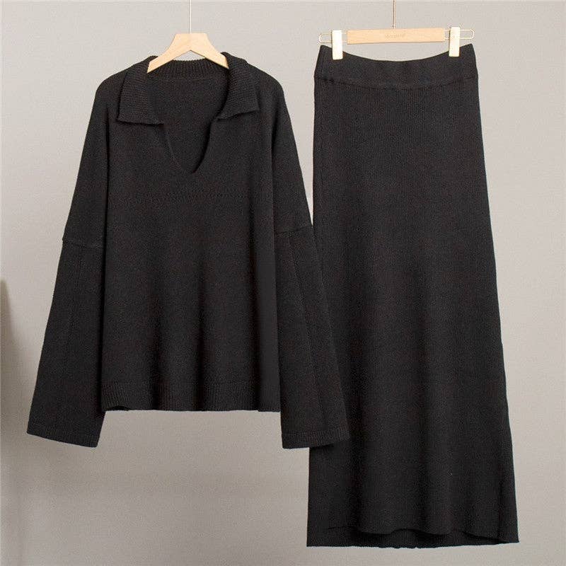 Sheer Trend - Wholesale Top & Skirt Set - Women's - Solid V-Neck Sweater Skirt Set9