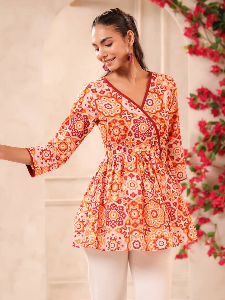 Orange Lurex Printed Cotton Wrap Top for wholesale by Jaipur Morni USA