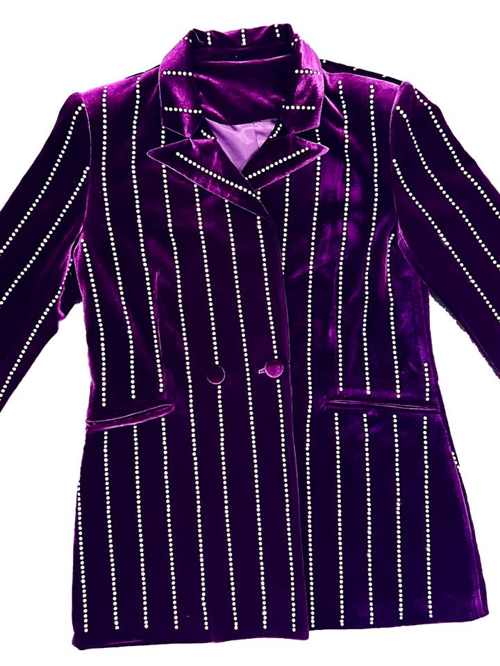 Blazer di velluto a righe con spilla di strass viola per la vendita all'ingrosso da parte di Sparkle City