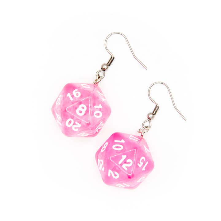 D20 Dice Earrings | Transparent Pink | D&D Jewelry for wholesale by Tabletop Dominion Limited