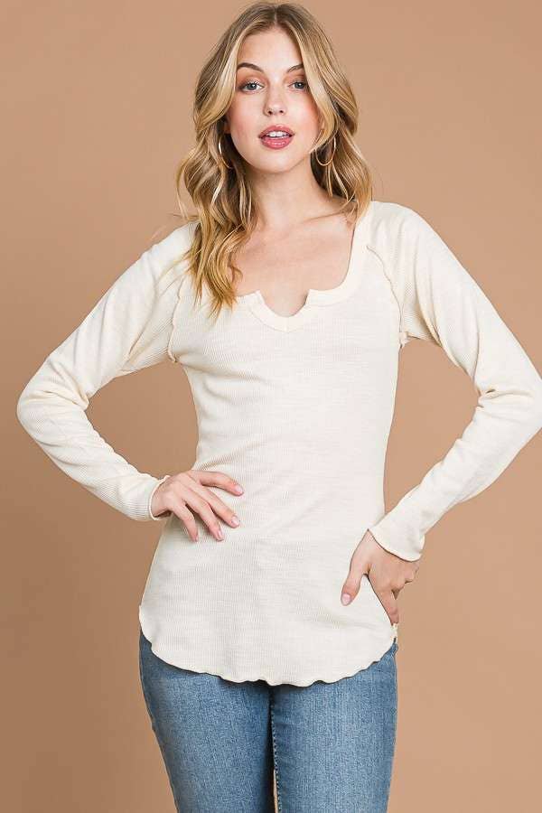 Culture Code - Wholesale Knit Top - Women's - CRT1840L - TINY NOTCH NECK MERROW LSLV TOP16
