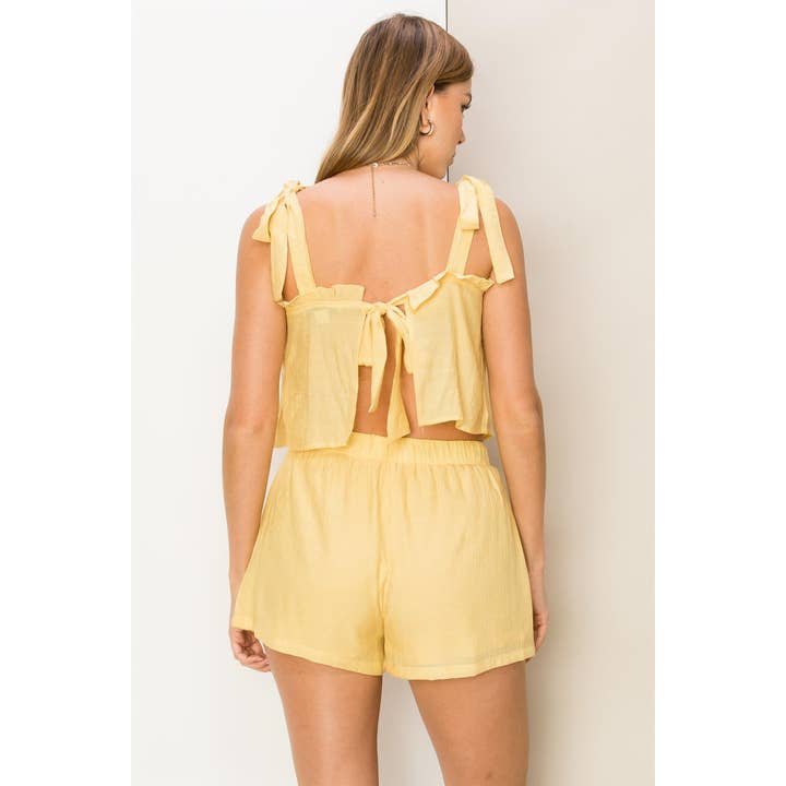 CREAM HF23C069-SET-Tie-shoulder Top And Shorts Set for wholesale on Faire