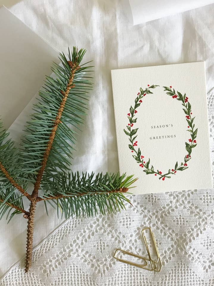 Foliage Wreath Petite kerstkaart in vintage stijl voor wholesale door Annie Brougham Paper Goods.