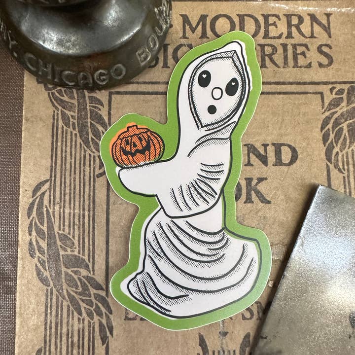 Vintage Halloween Blow Mold Ghost Pumpkin Sticker for wholesale by Corkscrew Curiosities