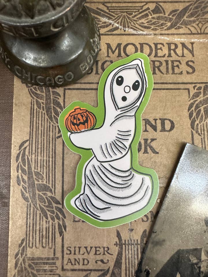 Vintage Halloween Blow Mold Ghost Pumpkin Sticker for wholesale by Corkscrew Curiosities