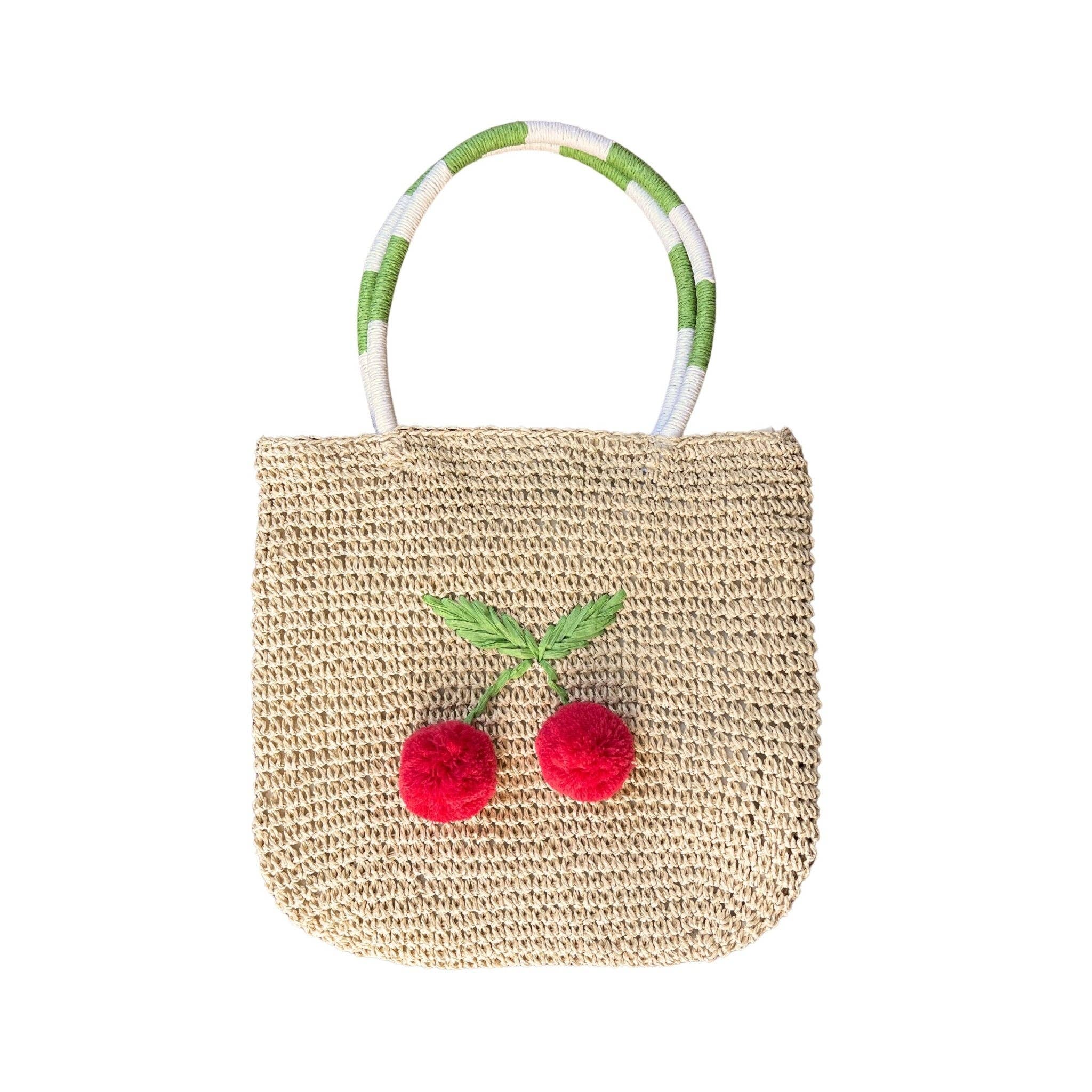 Acorn Kids - Vente Sac de plage - Sac en paille avec pompons cerise