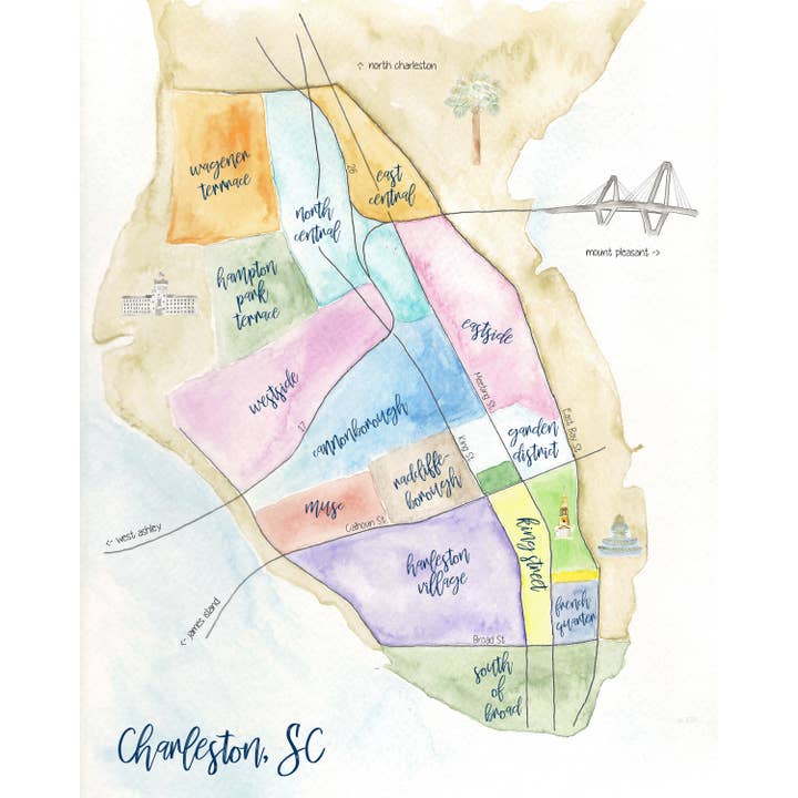 Charleston SC Neighborhood Hand-Painted Watercolor Map for wholesale by Molly Joseph Fine Art