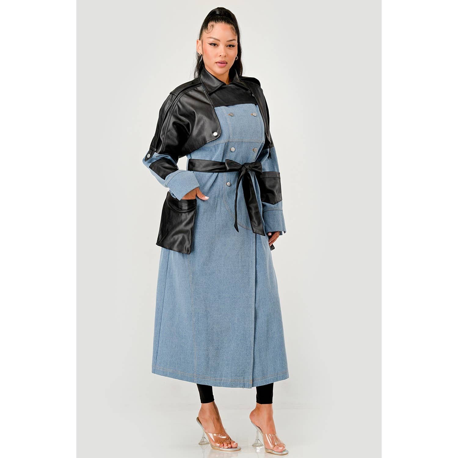DENIM Trench-coat en denim bicolore et simili cuir en vente sur Faire3