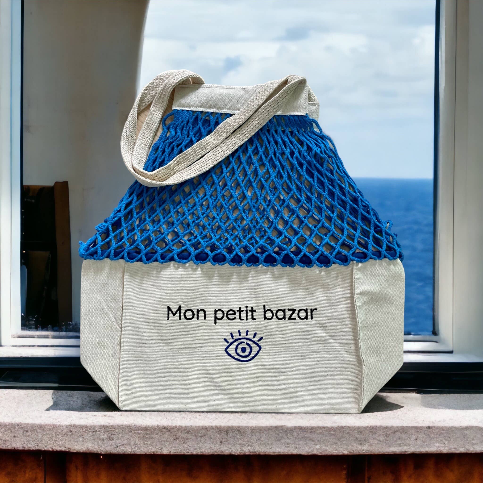 SHOPPINETTE - Wholesale Grocery/Shopping Bag - “Mon petit bazar” embroidered mesh bag5