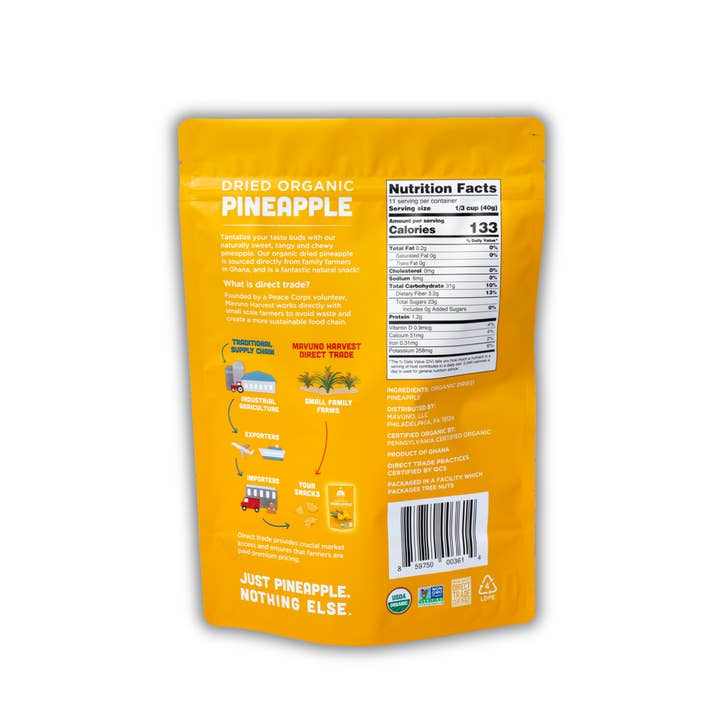 Mavuno Harvest Organics - Wholesale Dried/Dehydrated Fruit - Organic Dried Pineapple, 6-pack case