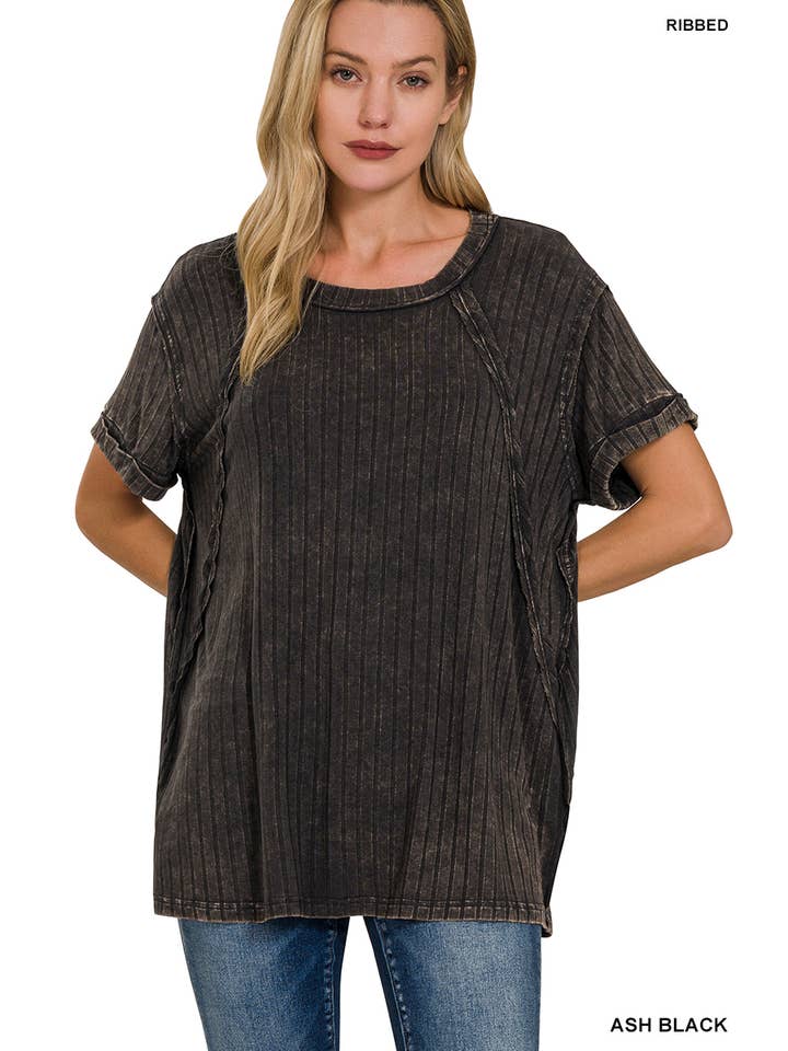 Vanilla Monkey - Wholesale Knit Top - Women's - Acid Washed Ribbed Short Sleeve Boat-neck Top