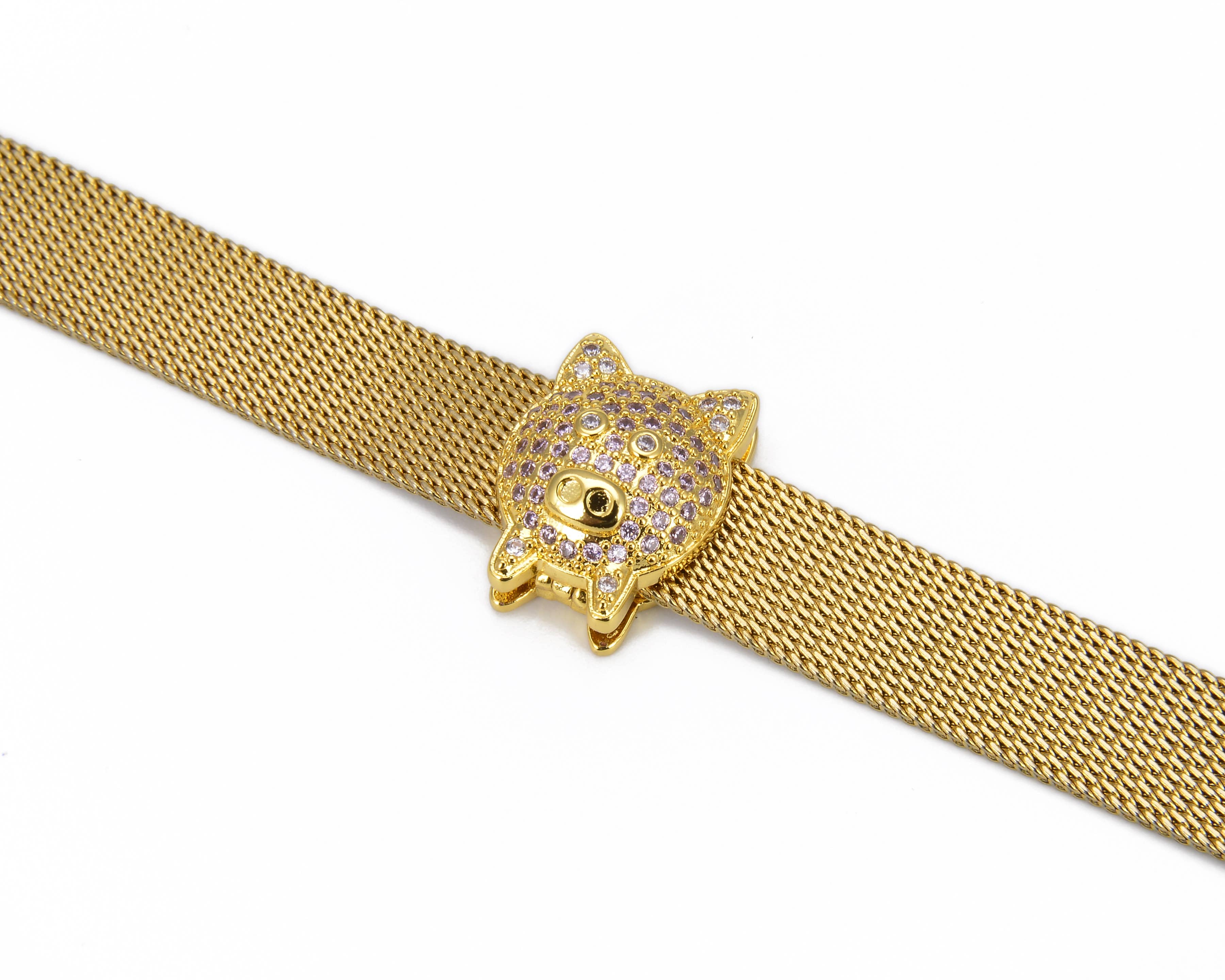 findings4uGem – wholesale Individual charm/pendant – Pig Slider Bead Charm in Gold Filled CZ Micro Pave, BD0011