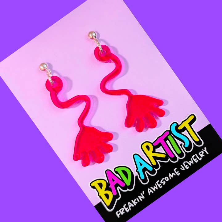 Novelty 90's Slappy Hand Fluorescent Acrylic Earrings for wholesale by Bad Artist Co