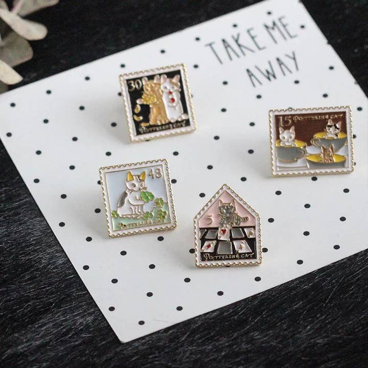 Nieuwe 4 stuks katten emaille stempelpinnen-kinderspelden- cadeauspeldjes - zak pins-jas pin-boek pin (5/15/30/48) voor wholesale door Raphael wonders