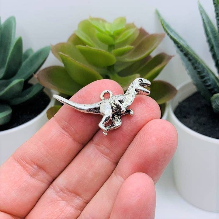Guerrilla Charm - Wholesale Individual Charm/Pendant - Silver Velociraptor 3D Dinosaur Charms, 30x24mm2