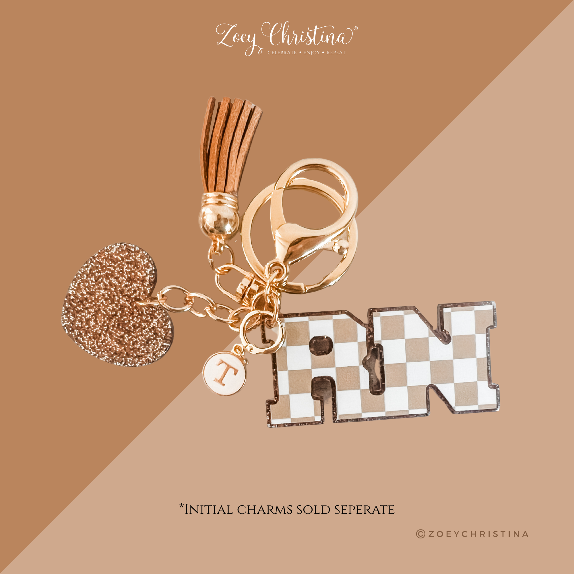Zoey Christina - Wholesale Keychain - Women's - RN Keychain – Checkerboard Letter Charm with Tassel & Heart9