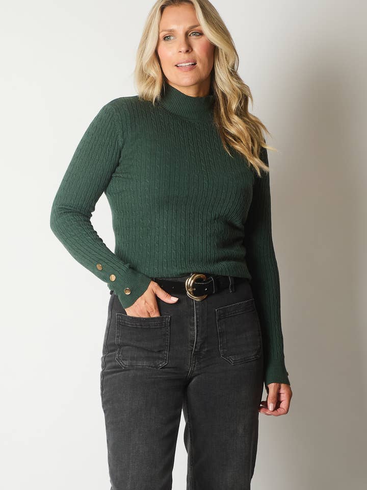 Cable Knit Jumper with Gold Buttons - Green for wholesale by SOLO