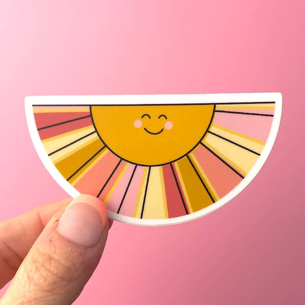 Smiling Sun Vinyl Sticker | Happy Pink and Orange Sun for wholesale by Calico Design Co