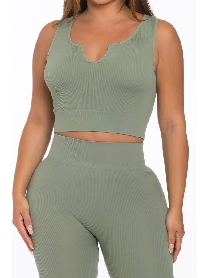 Lime All the Time - Wholesale Lounge Set - Women's - 2 Pcs Seamless Notch U Neckline Tank Top and Legging Set2