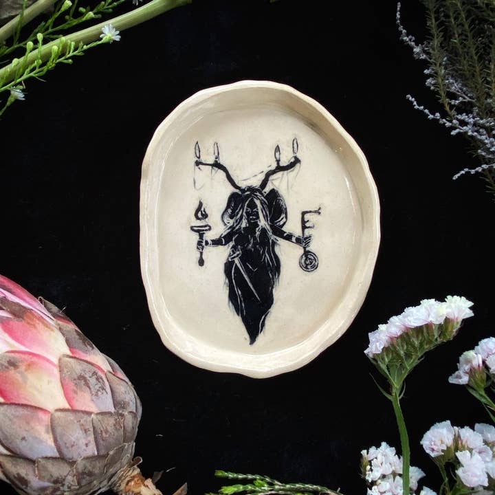 Keven Craft Rituals LLC - Wholesale Decorative plate/dish/bowl - Black Sgraffito Hekate Ceramic Offering Plate