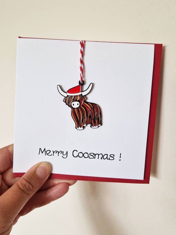 Christmas Highland Coo Enamel Charm Card WWXM192 for wholesale by Wee Wishes