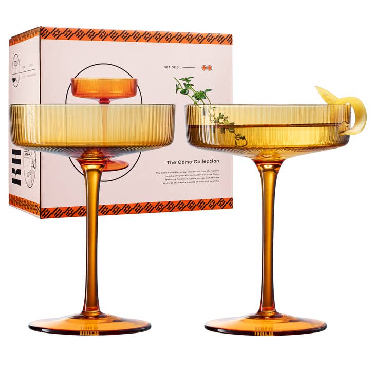 The Wine Savant / Khen Glassware - Wholesale Cocktail/liquor glass - Ribbed Amber Vintage Art Deco Coupe Glasses | 7OZ Set of 2