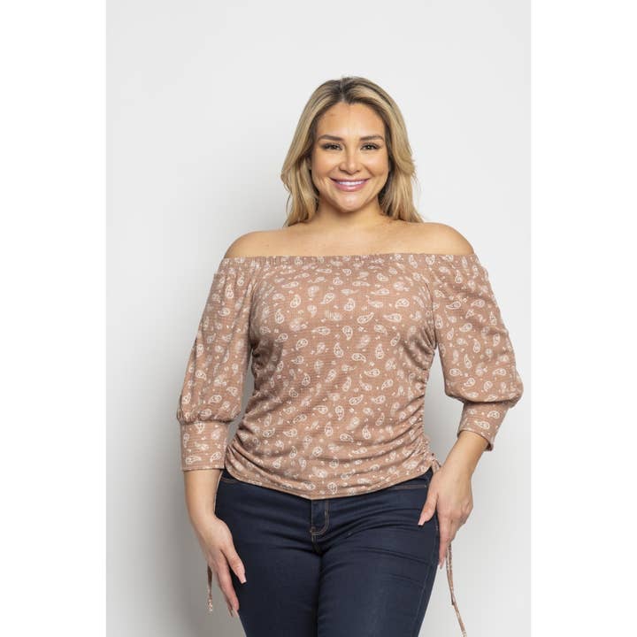PLUS SIZE PAISLEY PRINT OFF SHOULDER RUCHED TOP for wholesale by Curve Market
