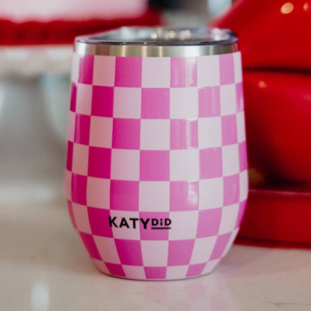 Pink Checker Insulated Wine Tumbler for wholesale by Katydid