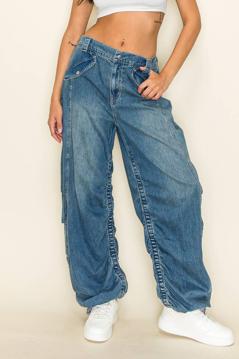 Medium Wash Wide Leg Baggy Drawstring Hem Jeans for wholesale on Faire2