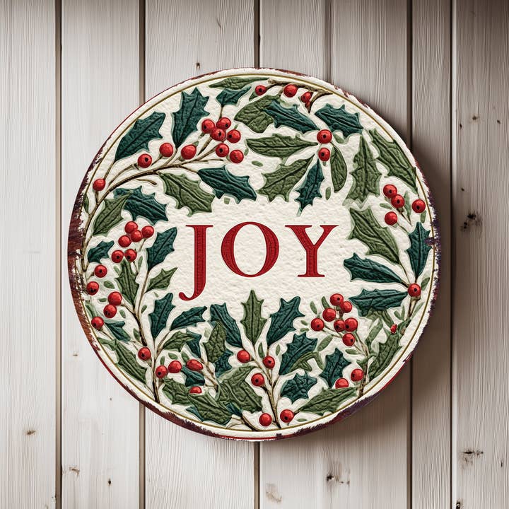 JOY Christmas Farmhouse Round Wall Sign | Holly Berry Holiday Decor for wholesale by TX USA Corporation
