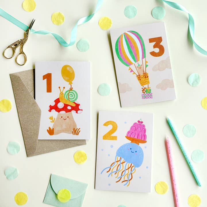Lauren Sissons Studio - Wholesale Birthday card - Age 3 Bear Birthday Card - Kids Cute 3rd Milestone Balloon3