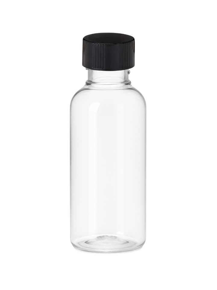 2 oz Clear PET Cosmo Round Bottle with Black Ribbed Cap for wholesale by AfroCosmetics & Culture