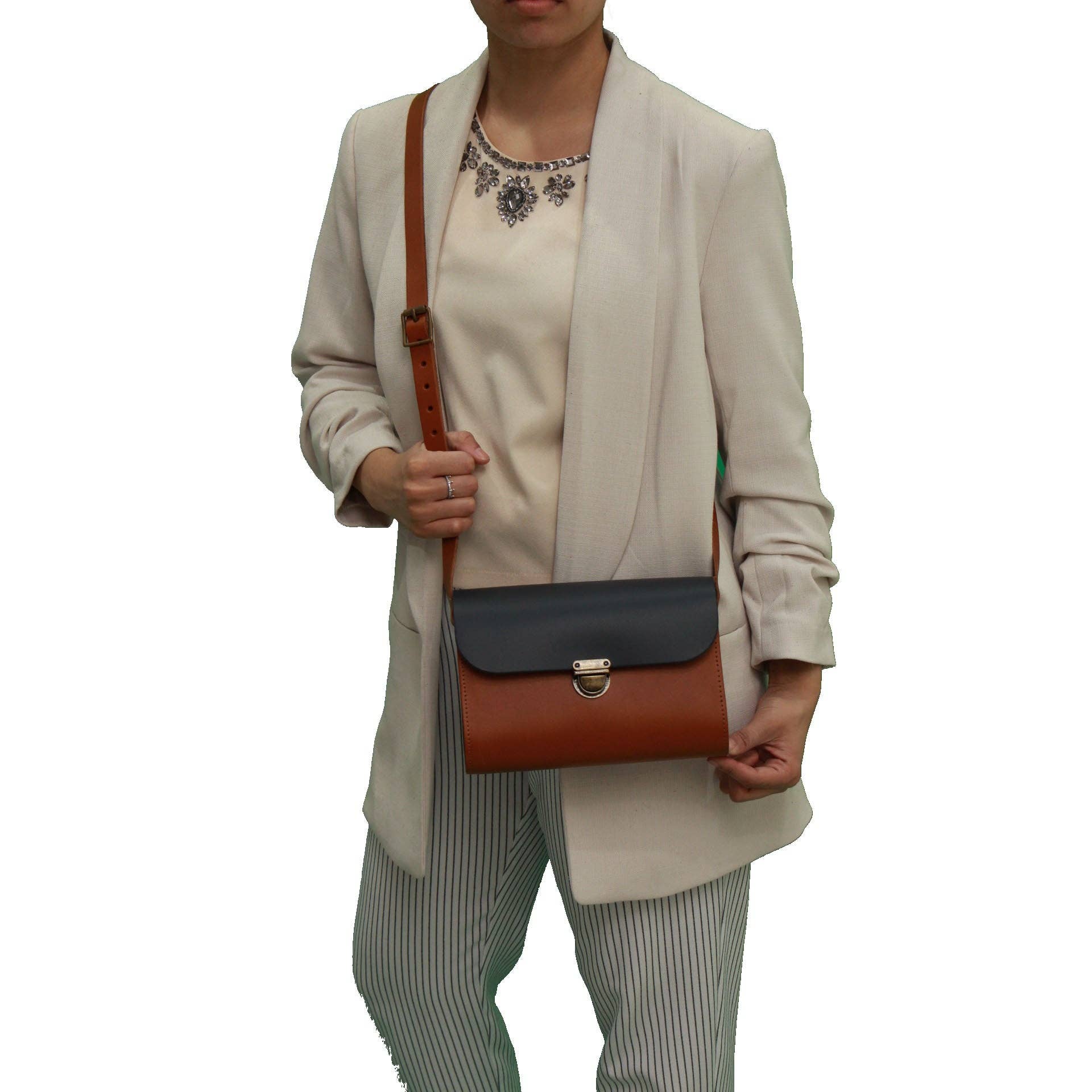 A to Z Leather – wholesale Satchel – Women's – Navy and Tan Leather Satchel - Leilani3