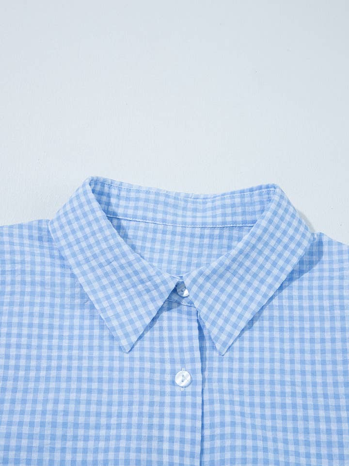 Blue Gingham Short Puff Sleeve Button Up Shirt for wholesale on Faire3