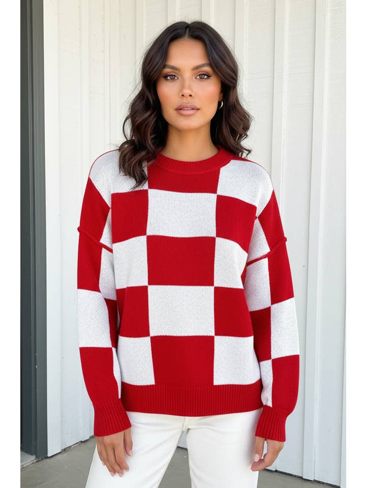 LA Society - Vente Pull en maille – femme - Pull à manches bishop à carreaux LAS (S-XL)