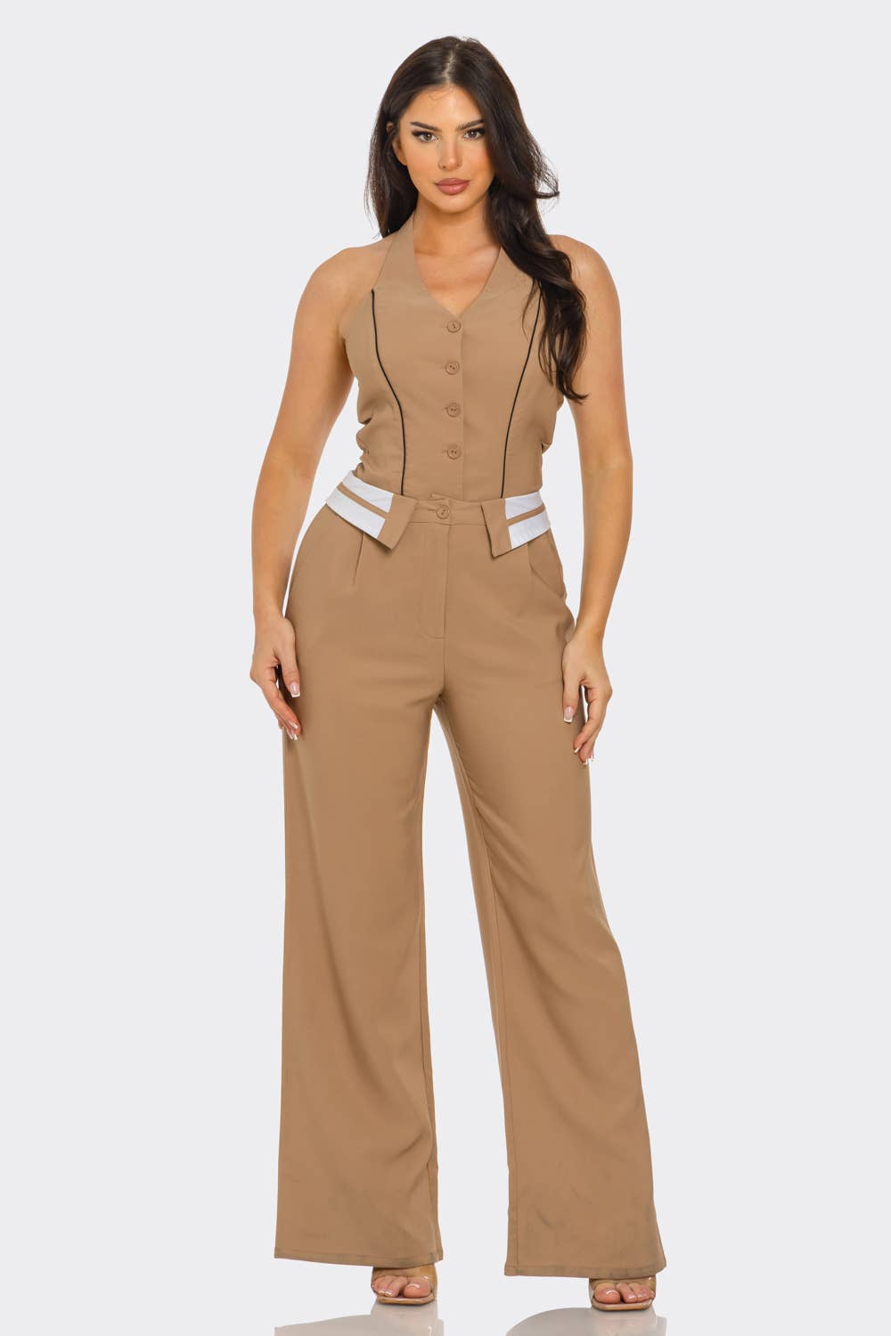 Julia by LoveJ - Venta al por mayor Peto - Mujer - Mono de pierna ancha con chaleco de botones delanteros y cintura fruncida6