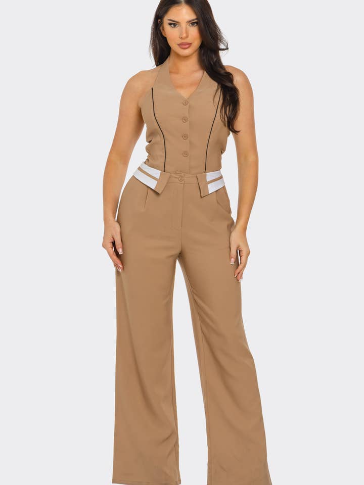 Julia by LoveJ - Venta al por mayor Peto - Mujer - Mono de pierna ancha con chaleco de botones delanteros y cintura fruncida6