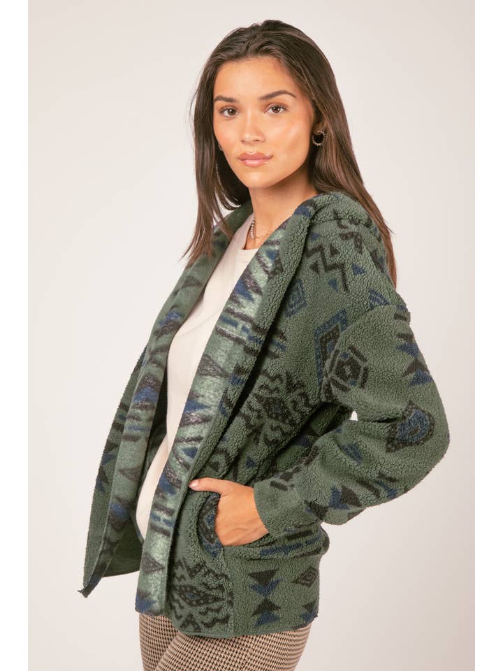 VERY J - Wholesale Jacket - Women's - NJ90199-Aztec Tribal Print Hooded Oversize Fleece Jacket