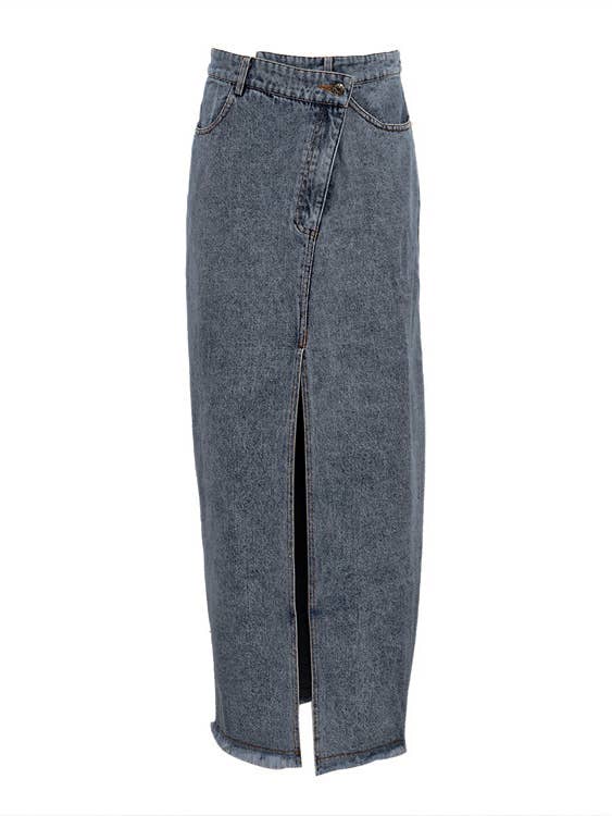 High-Waisted Slit Vintage Denim Wrap Skirt for wholesale by Rosa Clothing