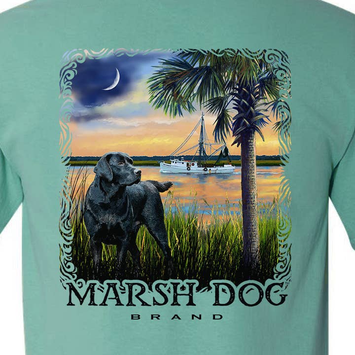 Marsh Dog, Black Labrador Retriever, Sunset, Shrimp Boat for wholesale by Charleston Apparel