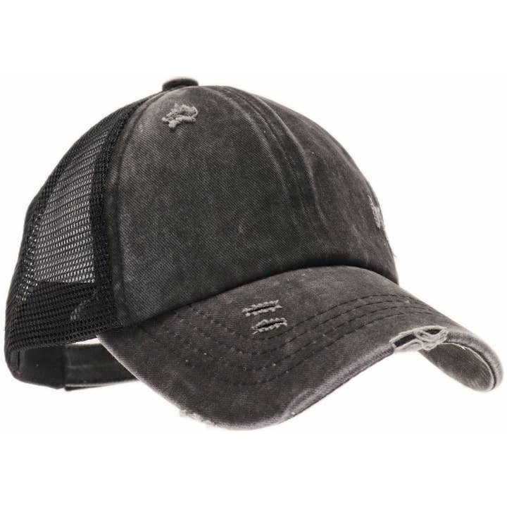 C.C Beanie - Vente Casquette de baseball – enfant - Casquette à visière CC pour enfants avec queue de cheval haute croisée et effet vieilli KIDSBT78012