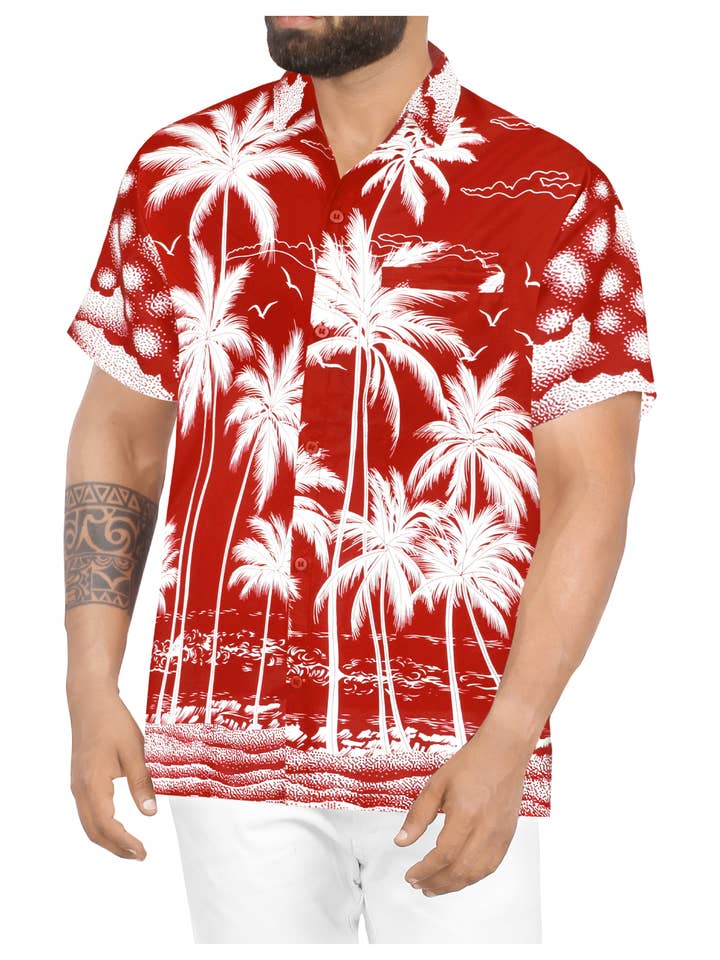 Chemise de plage hawaïenne à palmiers pour homme La Leela rouge P00017 pour la vente par LA LEELA \ HAPPY BAY
