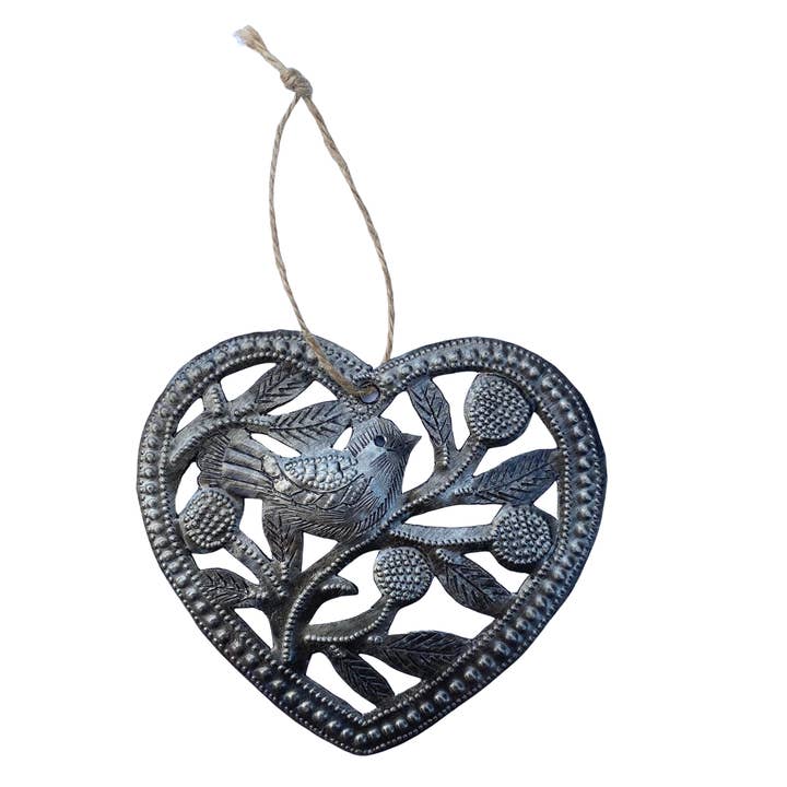 Heart Shaped Bird in Branch Ornament, Metal Art Haiti 4.5" for wholesale by Haiti Fair Trade~ It's Cactus