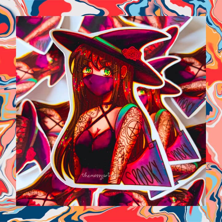 Autocollant sorcière pandémique effrayante pour la vente par The Messy Artist Co.
