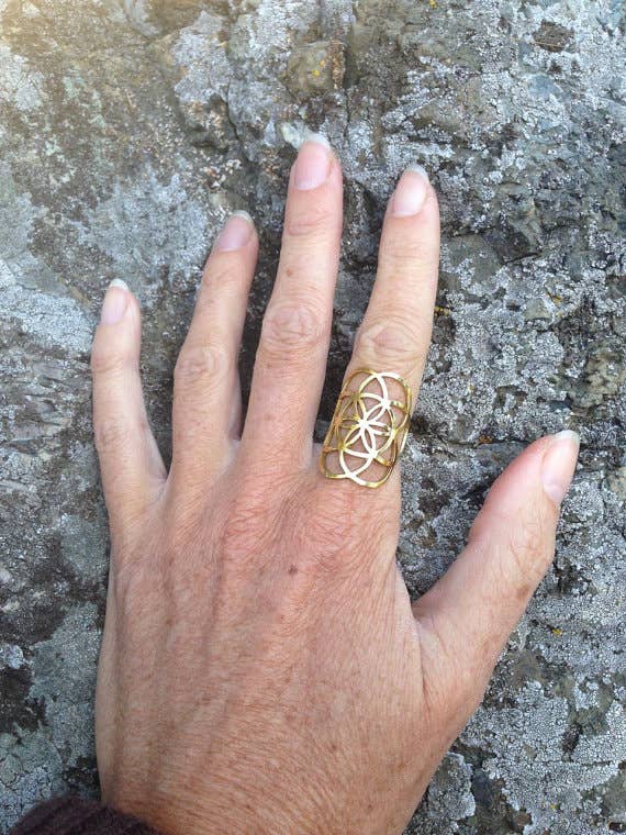 JAYA MOKSHA - Wholesale Band/Stacked Ring - Brass Seed of Life Ring / Sacred Geometry Gold Flower 2