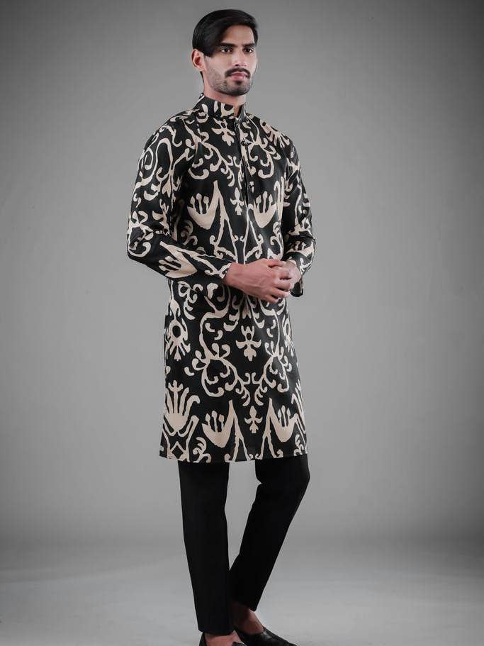 Elina Fashion - Wholesale Top & Pant Set (NOT Loungewear) - Men's - Men's Black Color Indian Traditional Wear Tunic Cotton Kurta Pajama Set