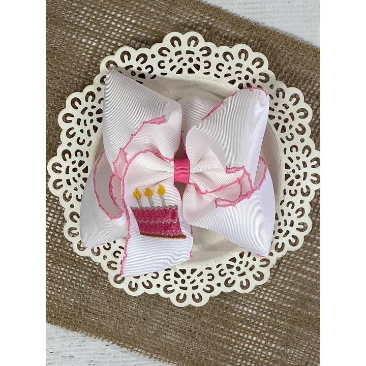 The Hair Bow Company - Wholesale Hair Bow - Kids - Birthday Cake Embroidered Moonstitch Hair Bow